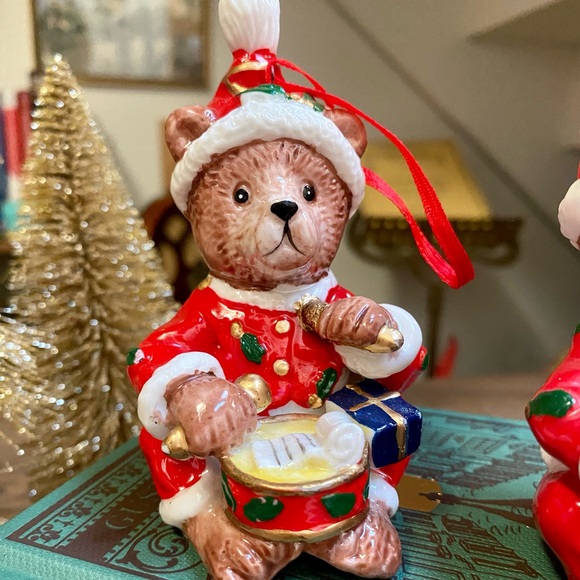 Vintage Teddy Bear Christmas Ornaments Set of 2, Christmas Bears Playing Drums - Picture 6 of 9